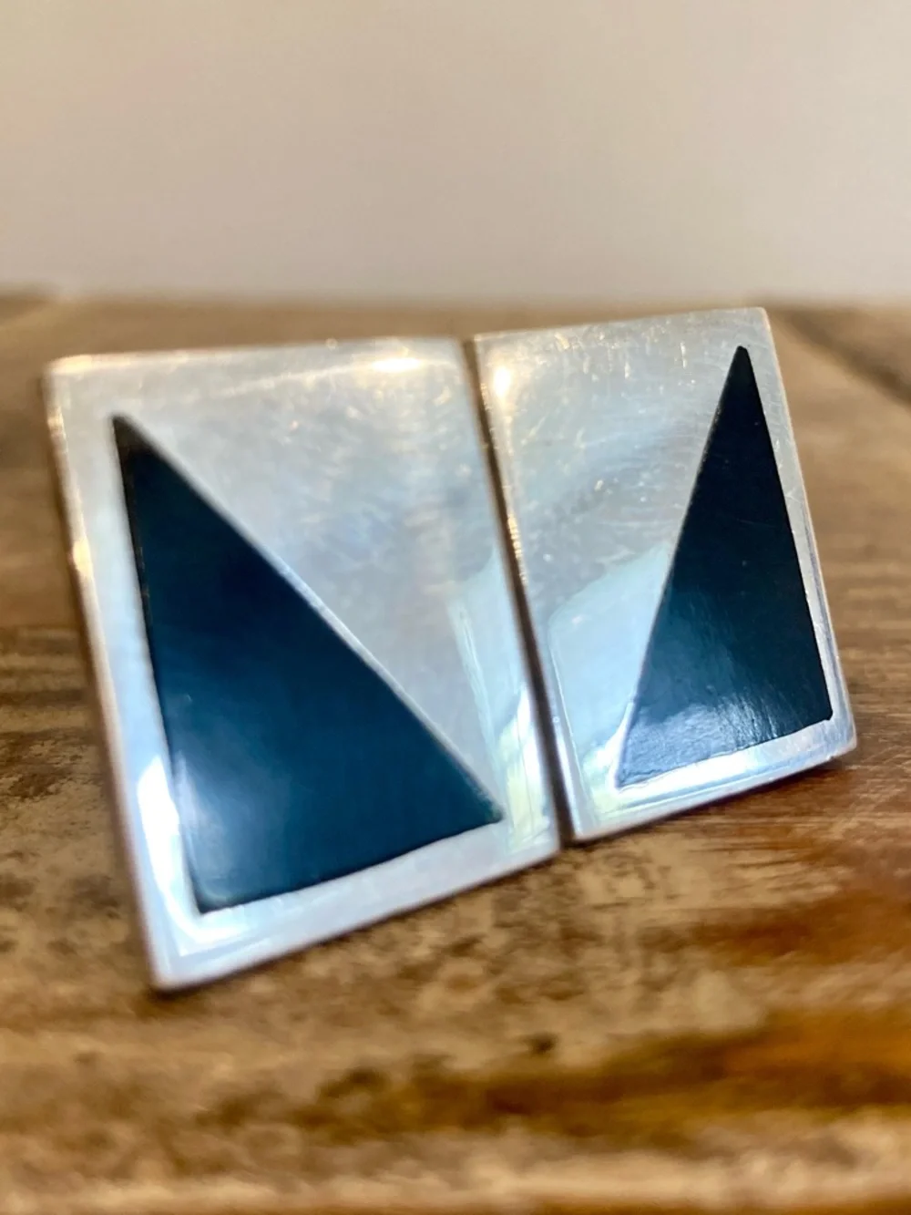 Vintage Taxco Modernist Sterling Silver Cufflinks – TD‑53 – Black Inlay – 24g